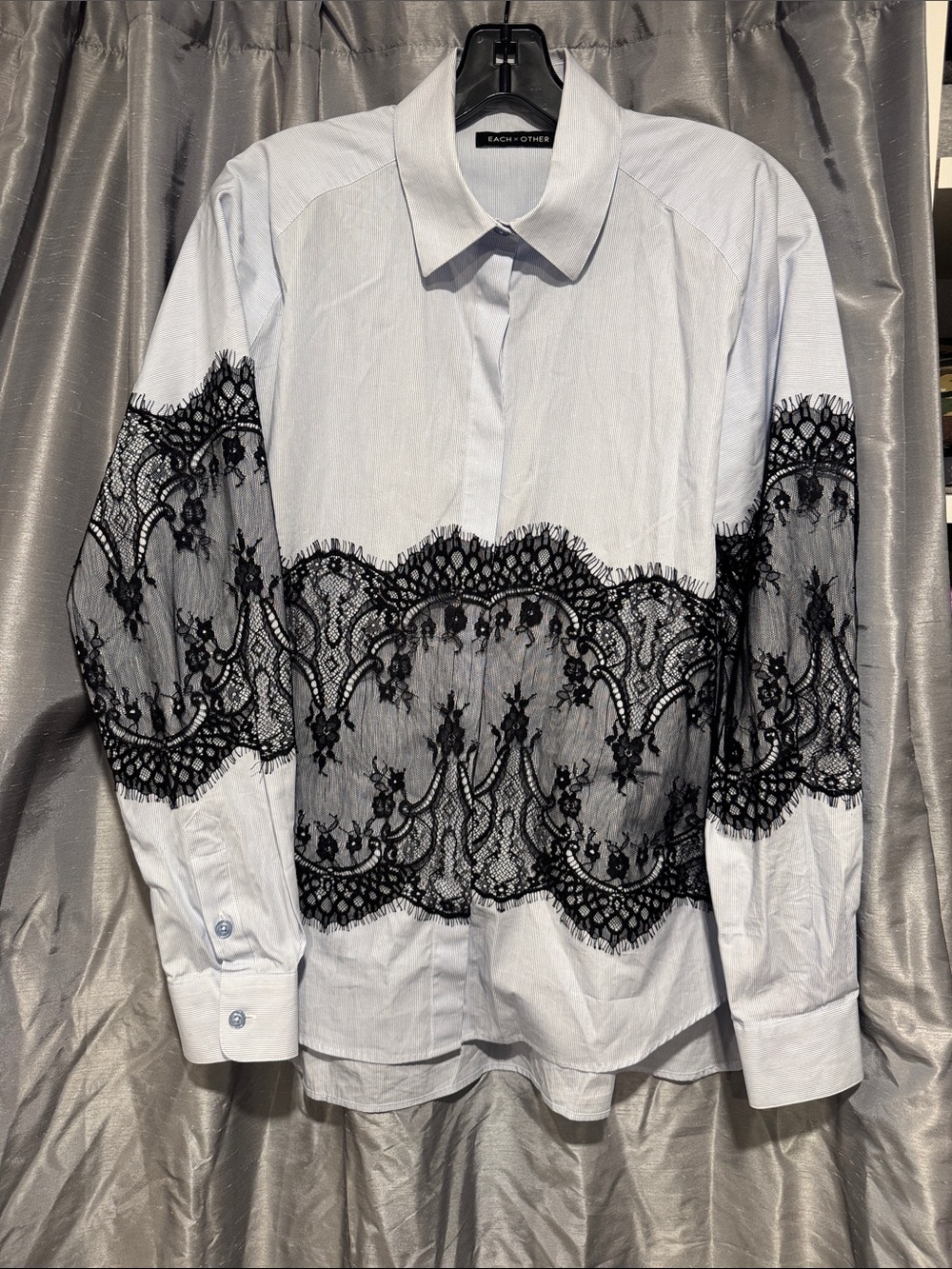 Each x Other Blue Pinstripe Black Lace Overlay Shirt Size Medium